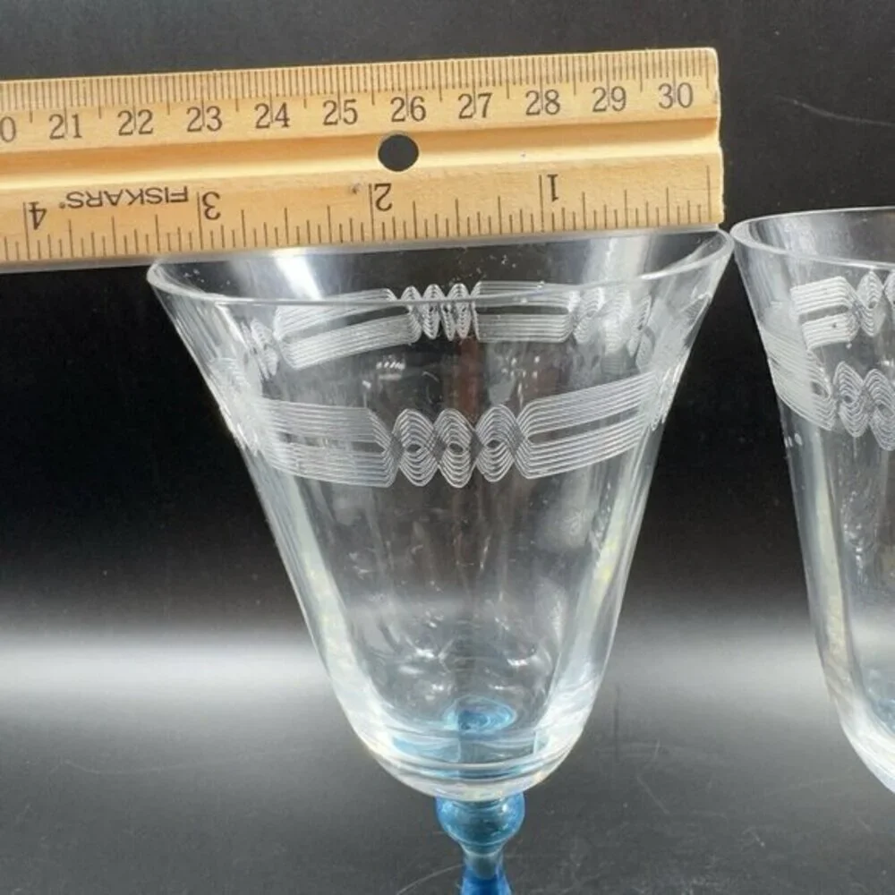 Antique Tiffin Franciscan Tall Blue Stem 2‎ Glasses Etched Manganese 365nm UV
